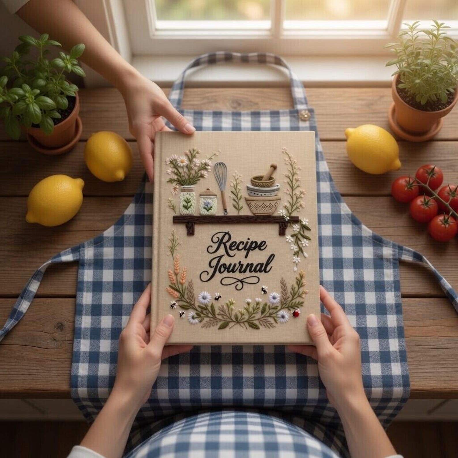 Hand embroidered recipe journal featuring cottage kitchen shelf with herb jars whisk mortar and pestle surrounded by floral garden accents
