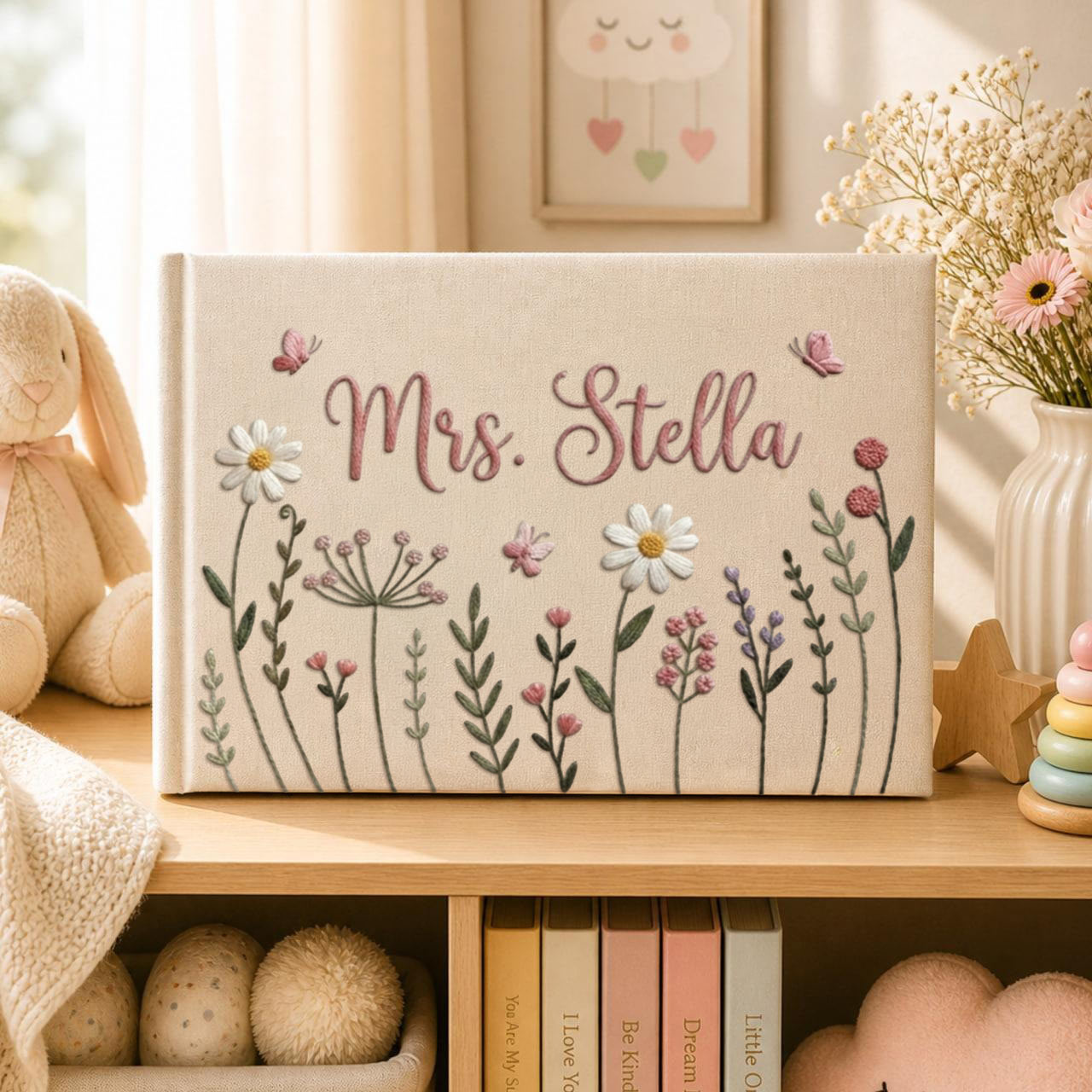 Personalized cottage garden floral hand embroidered linen notebook with daisies wildflowers and custom name
