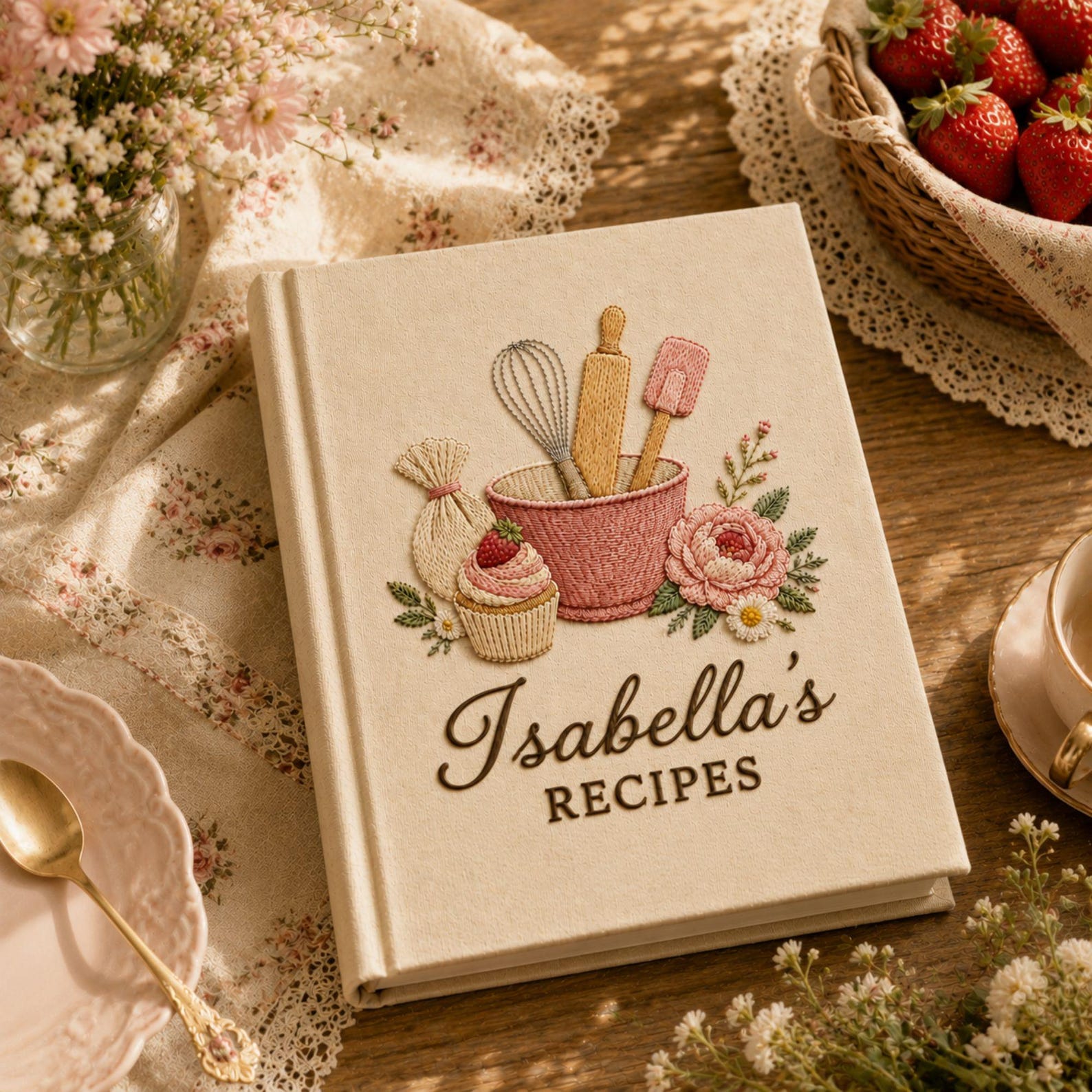 Personalized bakery flower hand embroidered recipe book with mixing bowl whisk rolling pin cupcake and floral embroidery on linen cover
