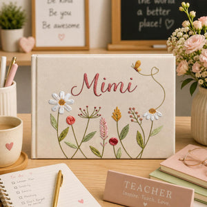 Personalized romantic wildflower hand embroidered linen notebook with butterfly heart trail and custom name