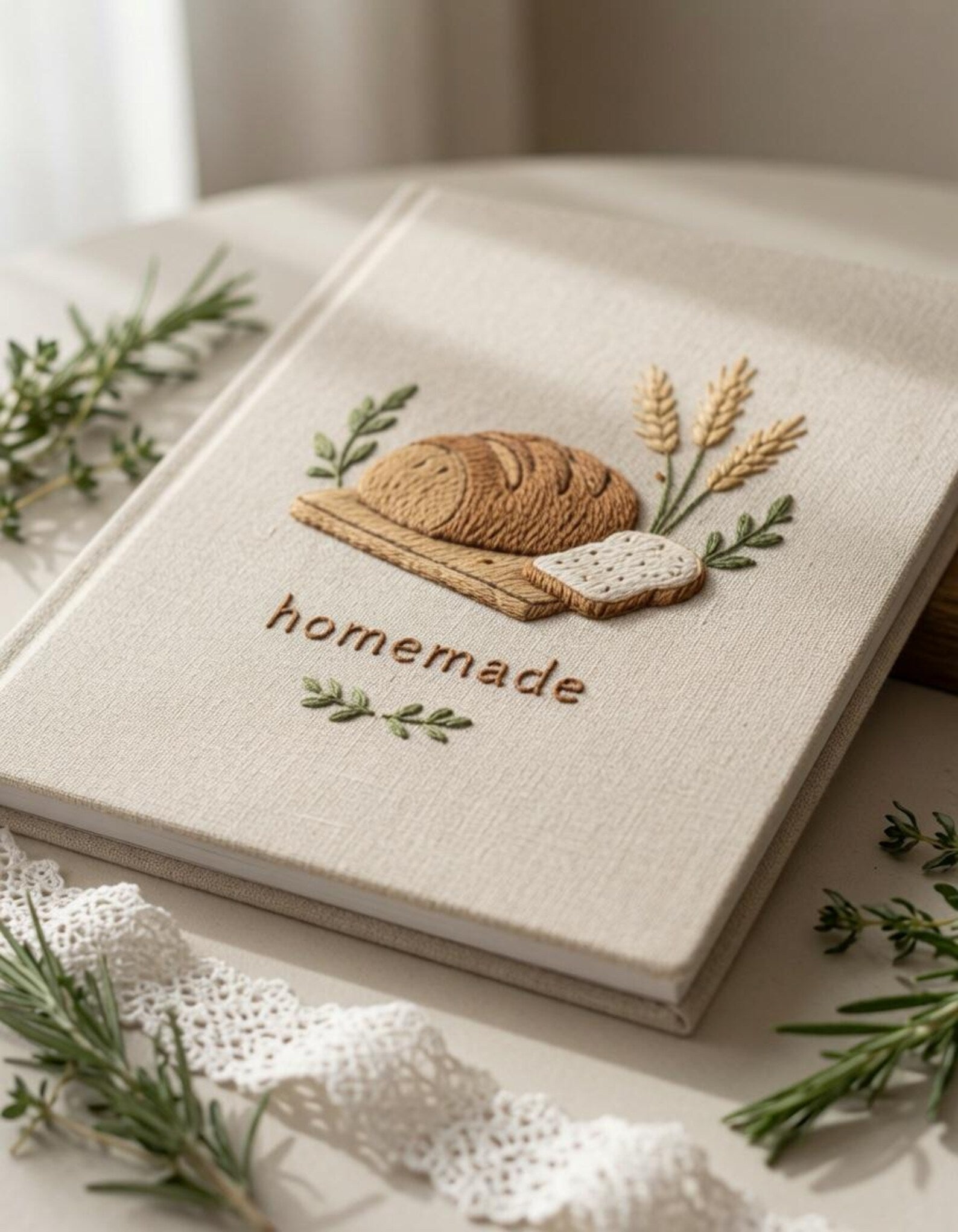 Hand embroidered recipe book featuring artisan bread loaf wheat stalks wooden board and farmhouse botanical accents on linen cover