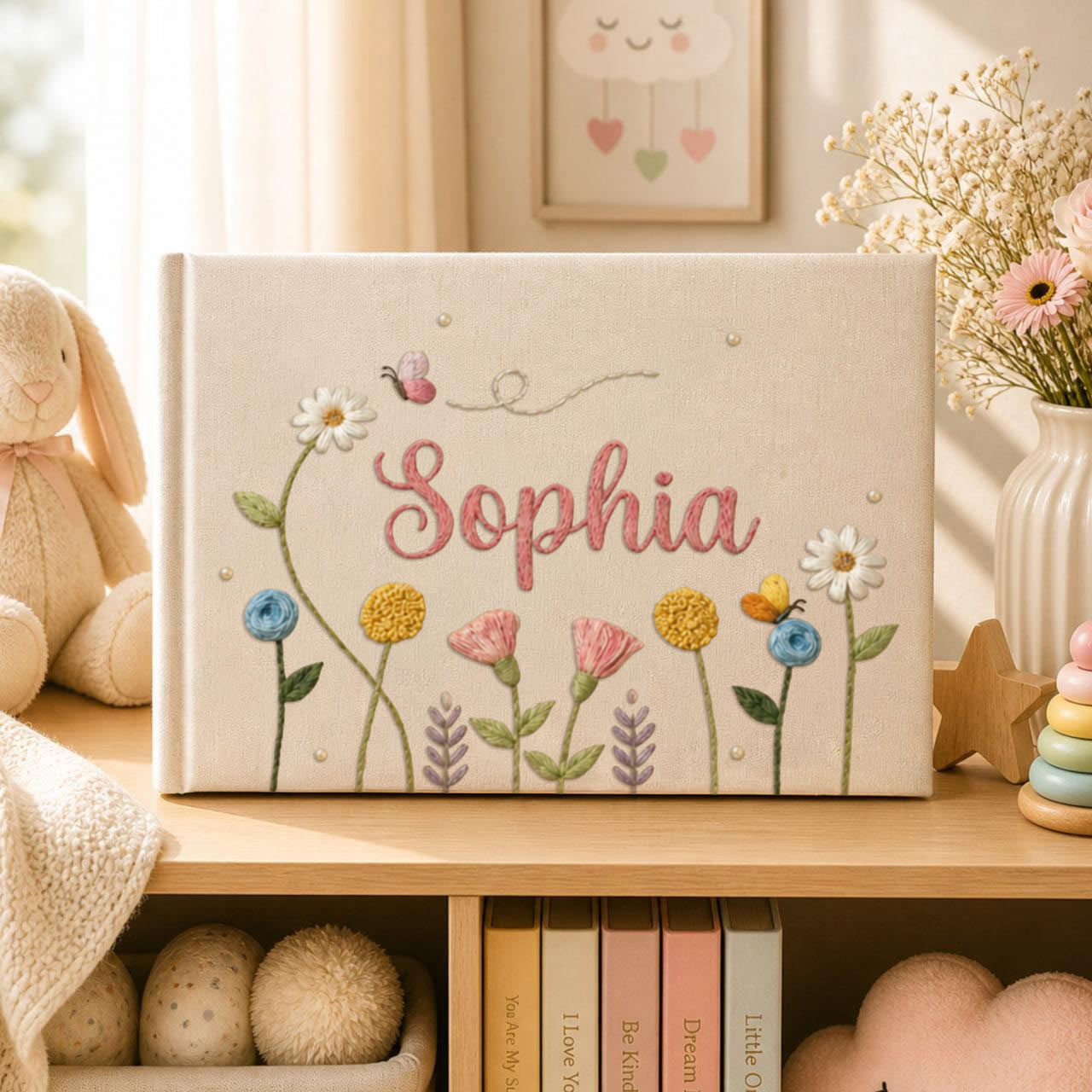 Personalized pastel wildflower hand embroidered linen notebook with butterflies colorful flowers and custom name