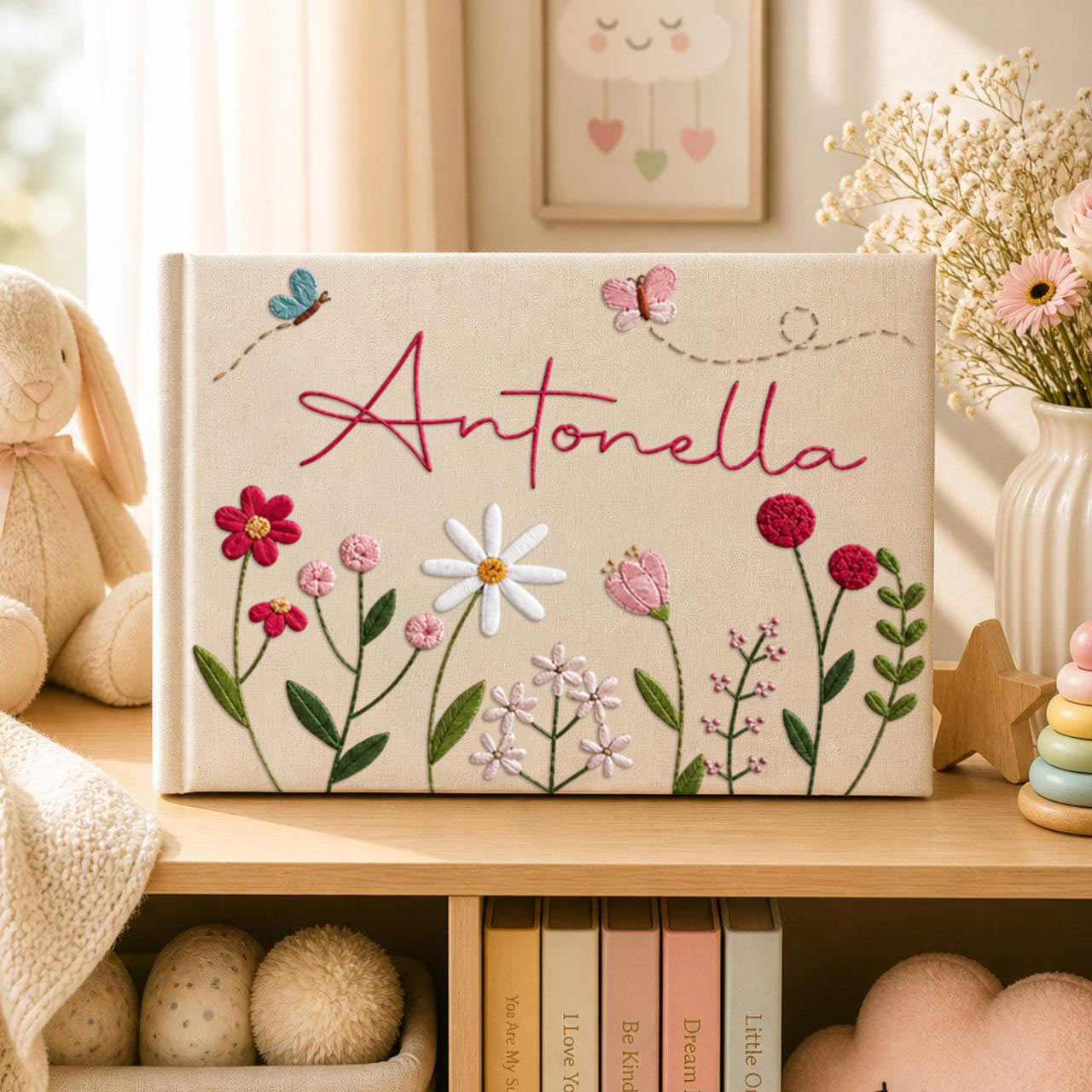 Personalized bright bloom garden hand embroidered linen notebook with colorful flowers butterflies and custom name