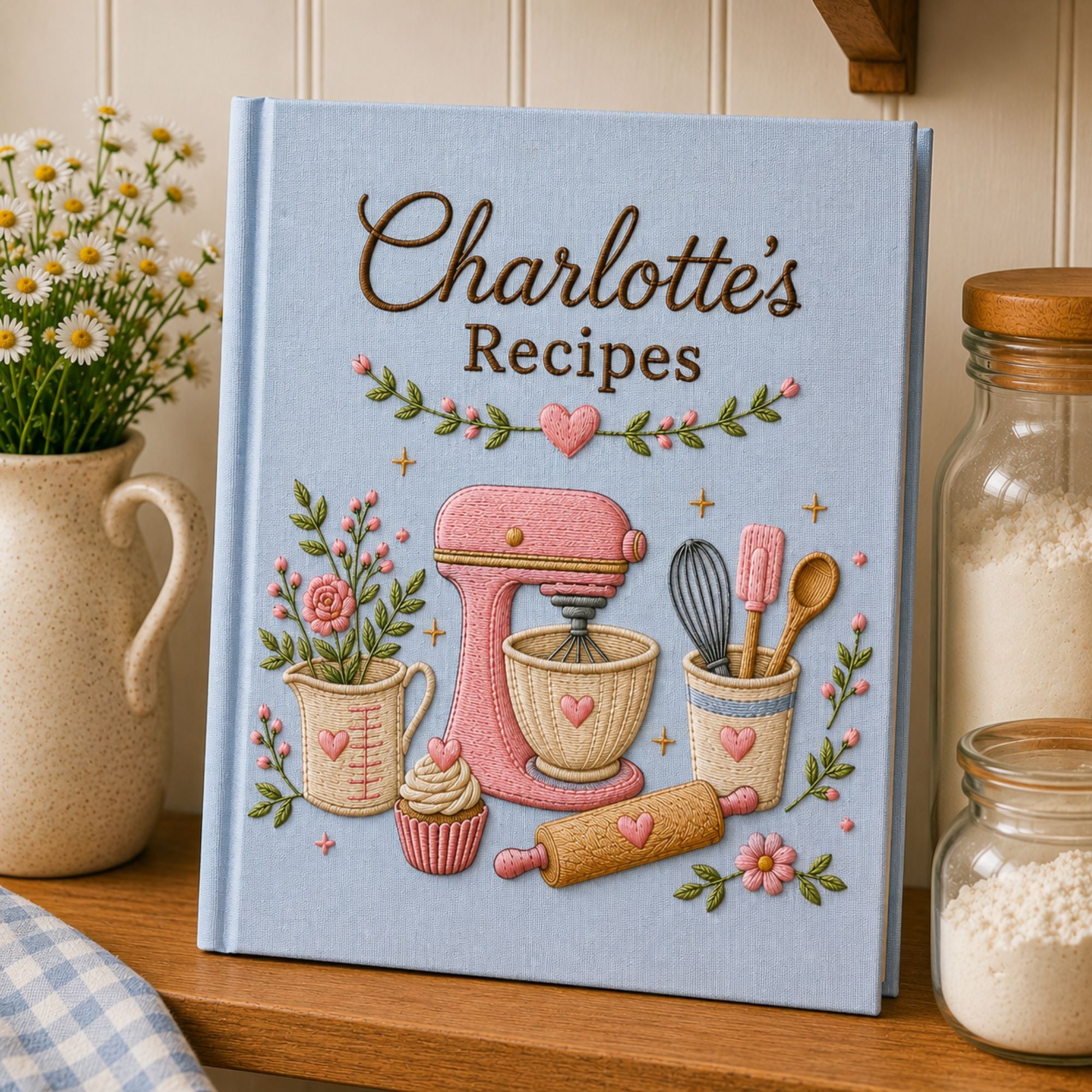 Personalized hand embroidered recipe book featuring a pink stand mixer, whisk, spatula, rolling pin, cupcake, measuring cup and floral baking motifs on a linen cover.