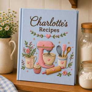 Personalized hand embroidered recipe book featuring a pink stand mixer, whisk, spatula, rolling pin, cupcake, measuring cup and floral baking motifs on a linen cover.