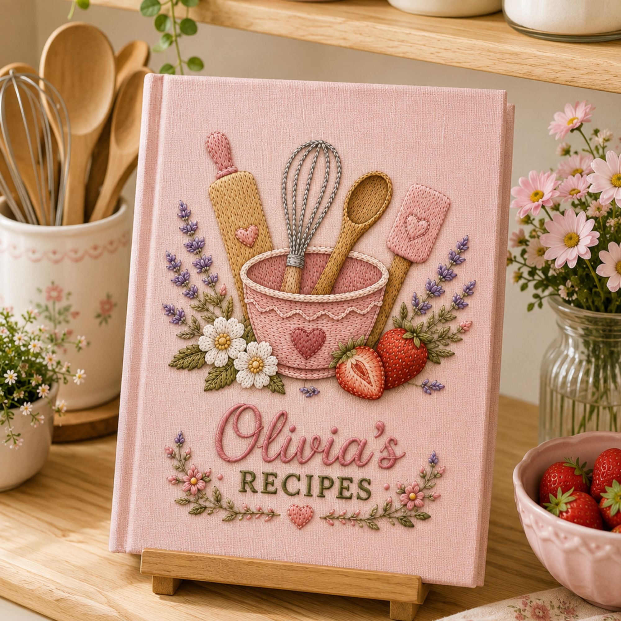 Personalized baking tools hand embroidered recipe book with whisk rolling pin spoon and strawberries