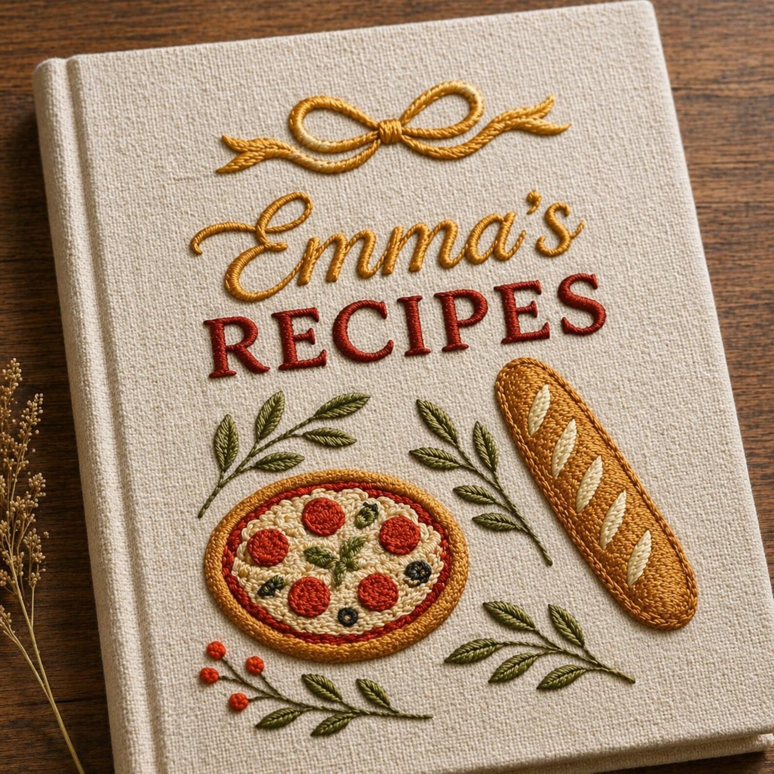 Personalized hand embroidered recipe book featuring Italian pizza, artisan bread, herb accents and rustic kitchen inspired embroidery on a linen hardcover notebook.