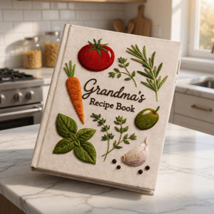 Personalized hand embroidered recipe book featuring carrots, tomatoes, radish, peas, cauliflower, onion, fresh herbs and garden harvest vegetables on natural linen cover.