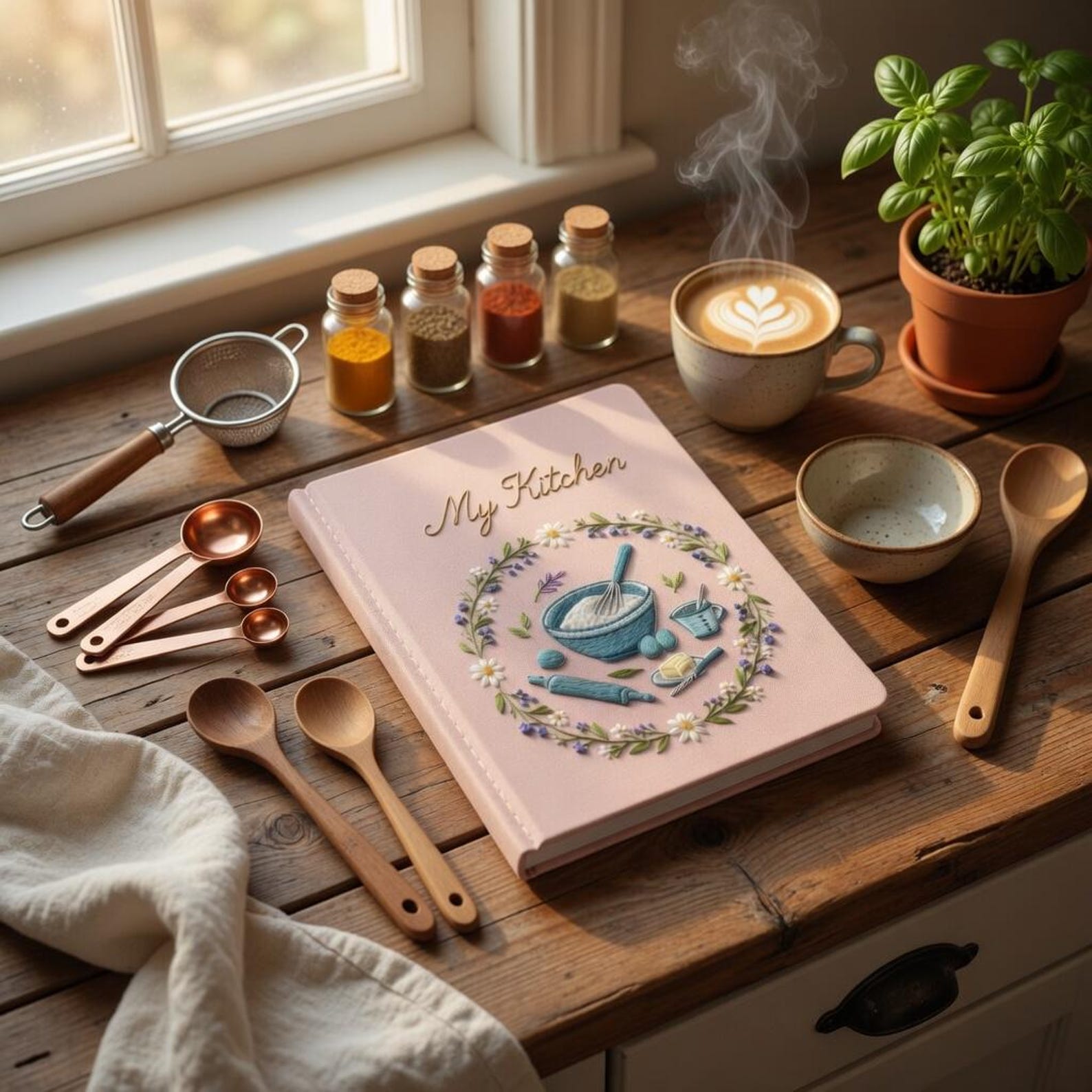 Personalized hand embroidered recipe book featuring floral baking wreath with mixing bowl whisk rolling pin and baking ingredients on linen cover