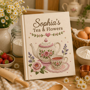 Personalized floral teapot hand embroidered recipe book with custom name and tea party design