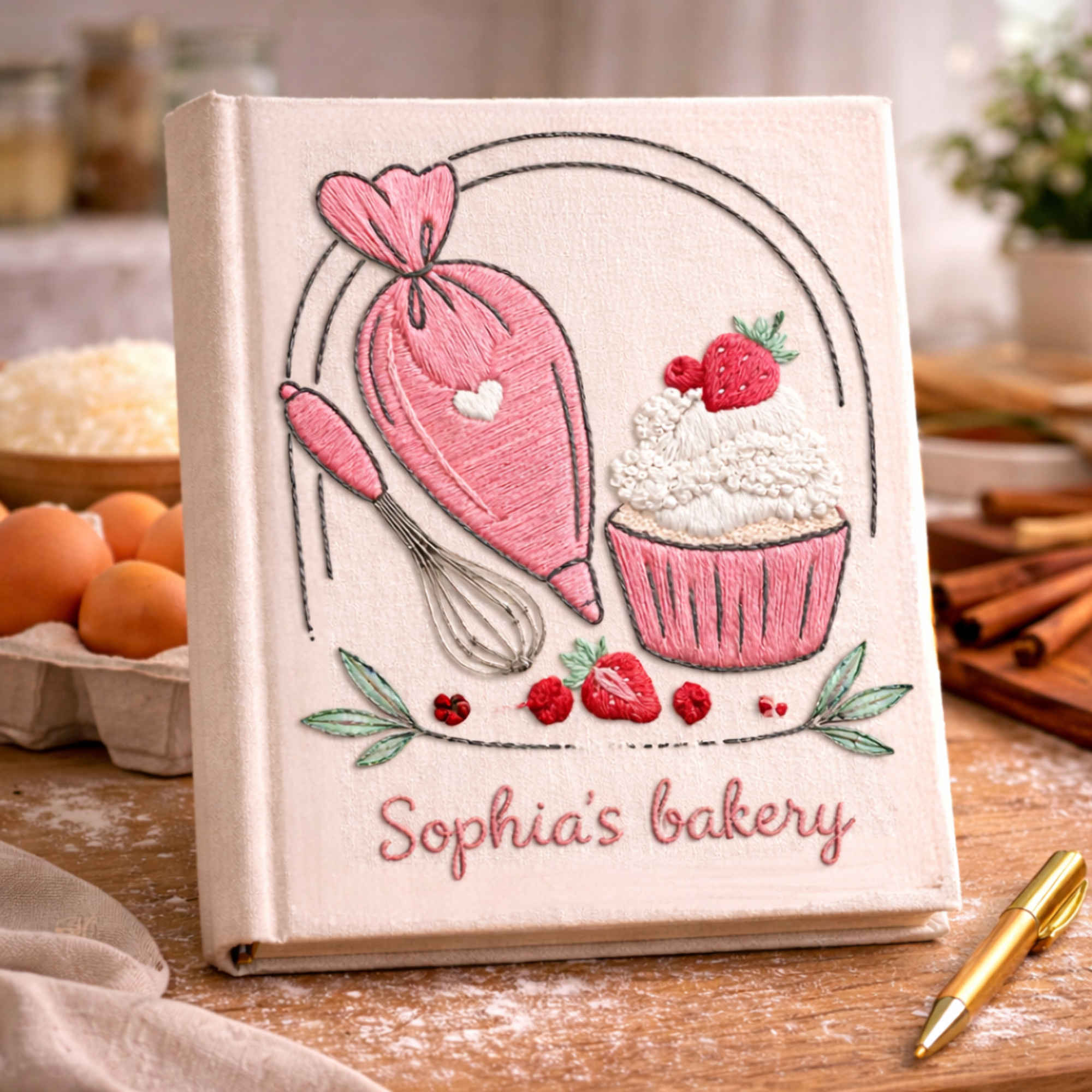 Personalized hand embroidered recipe book featuring a pink piping bag, whisk, strawberry cupcake and bakery-themed embroidery on a linen cover.