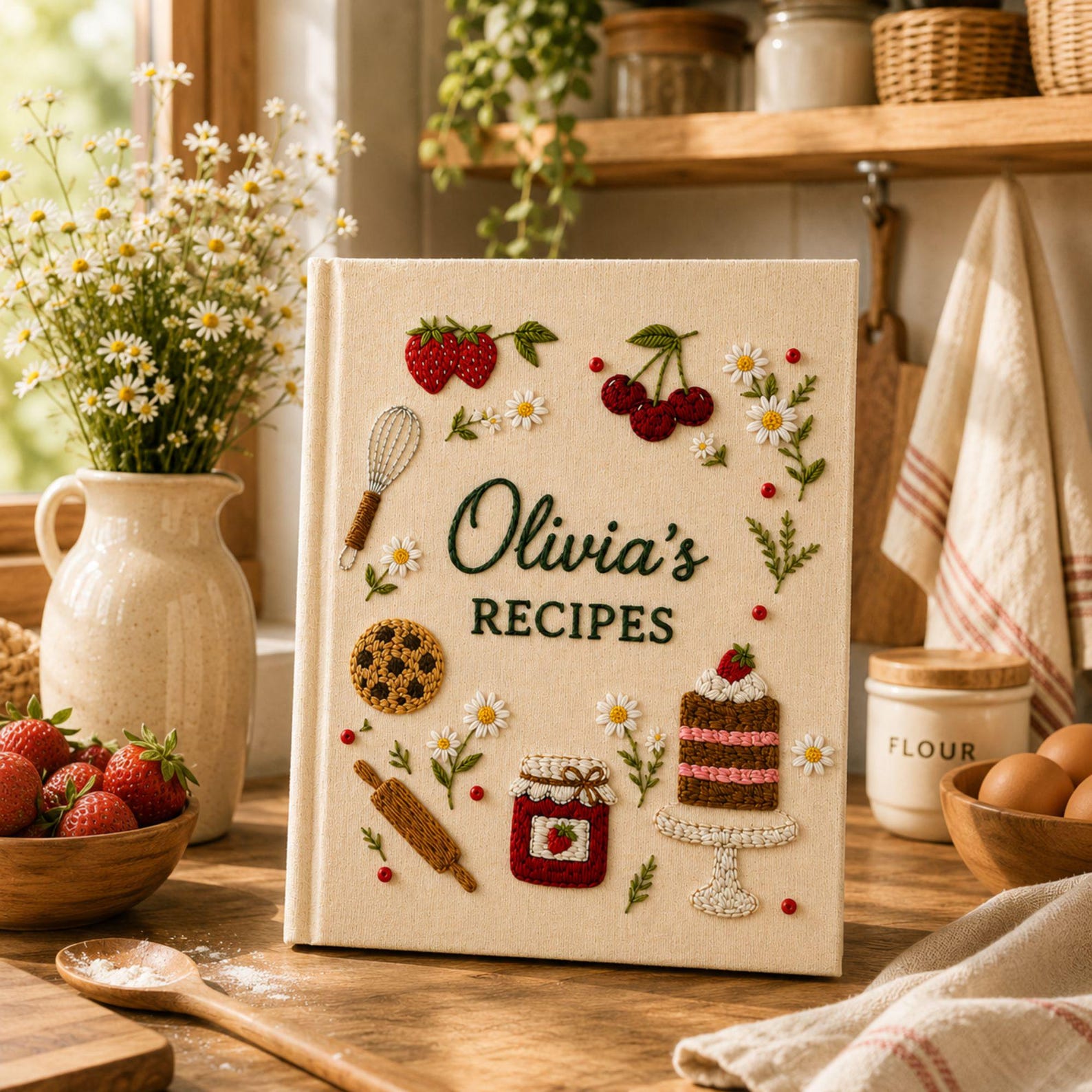 Personalized strawberry bakery hand embroidered recipe book featuring strawberries jam cupcakes layered cakes cookies and floral embroidery