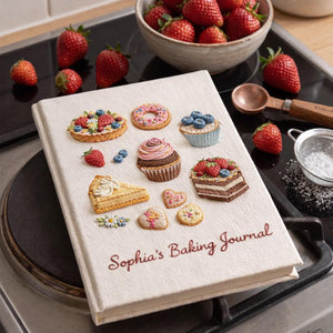 Personalized hand embroidered baking journal featuring cupcakes, donuts, fruit tarts, cakes, cookies and dessert themed illustrations on linen recipe book cover.