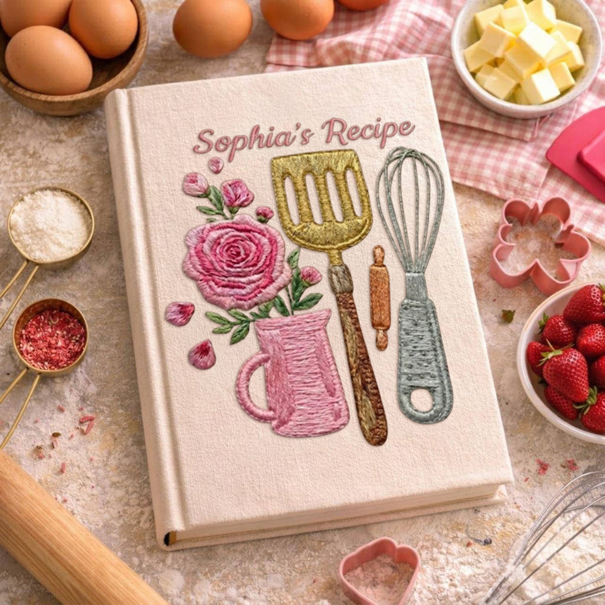 Personalized embroidered kitchen recipe notebook handmade linen floral cookbook 5