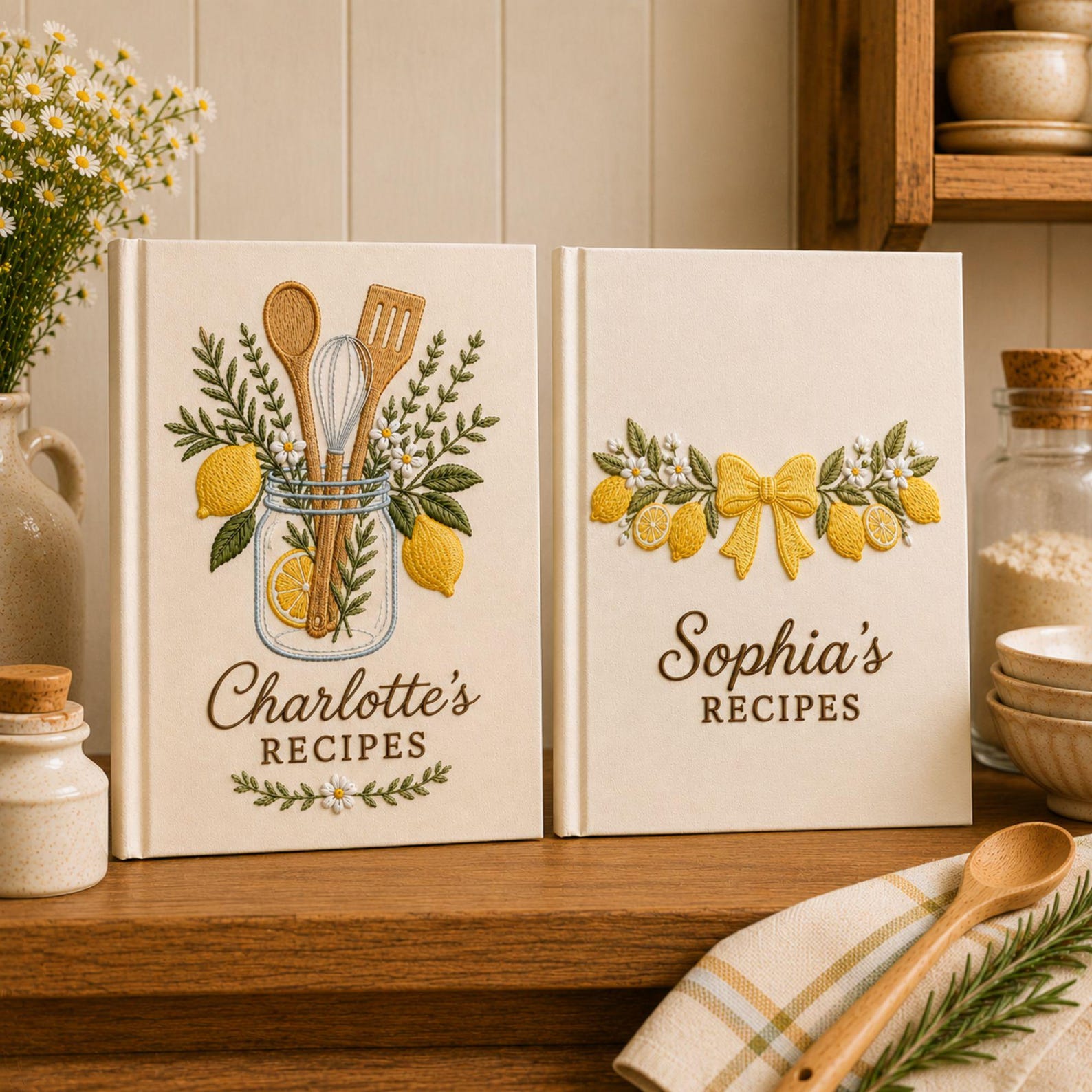 Personalized lemon blossom hand embroidered recipe book featuring lemons, lemon slices, white flowers, greenery, and decorative bow embroidery on linen cover