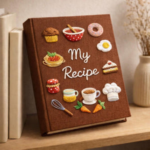 Personalized hand embroidered recipe book featuring muffins, donuts, cakes, coffee cups, jam jars, chef hat, whisk and bakery themed illustrations on linen cover.