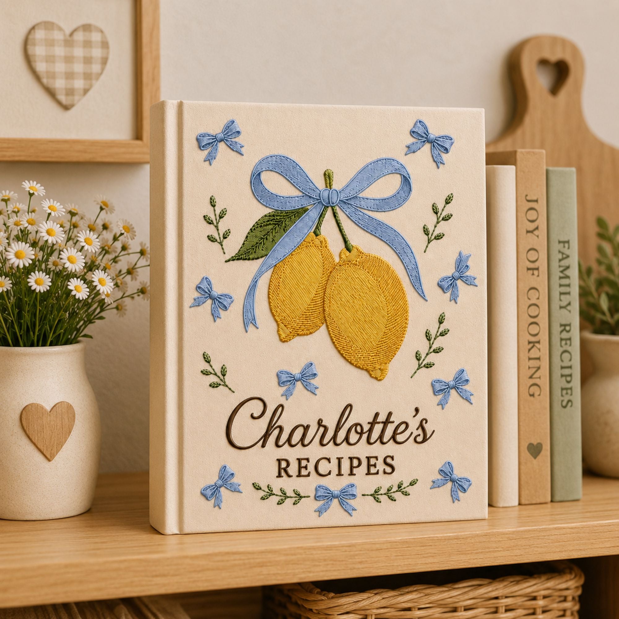 Personalized lemon hand embroidered recipe book with blue bow and custom family recipe title