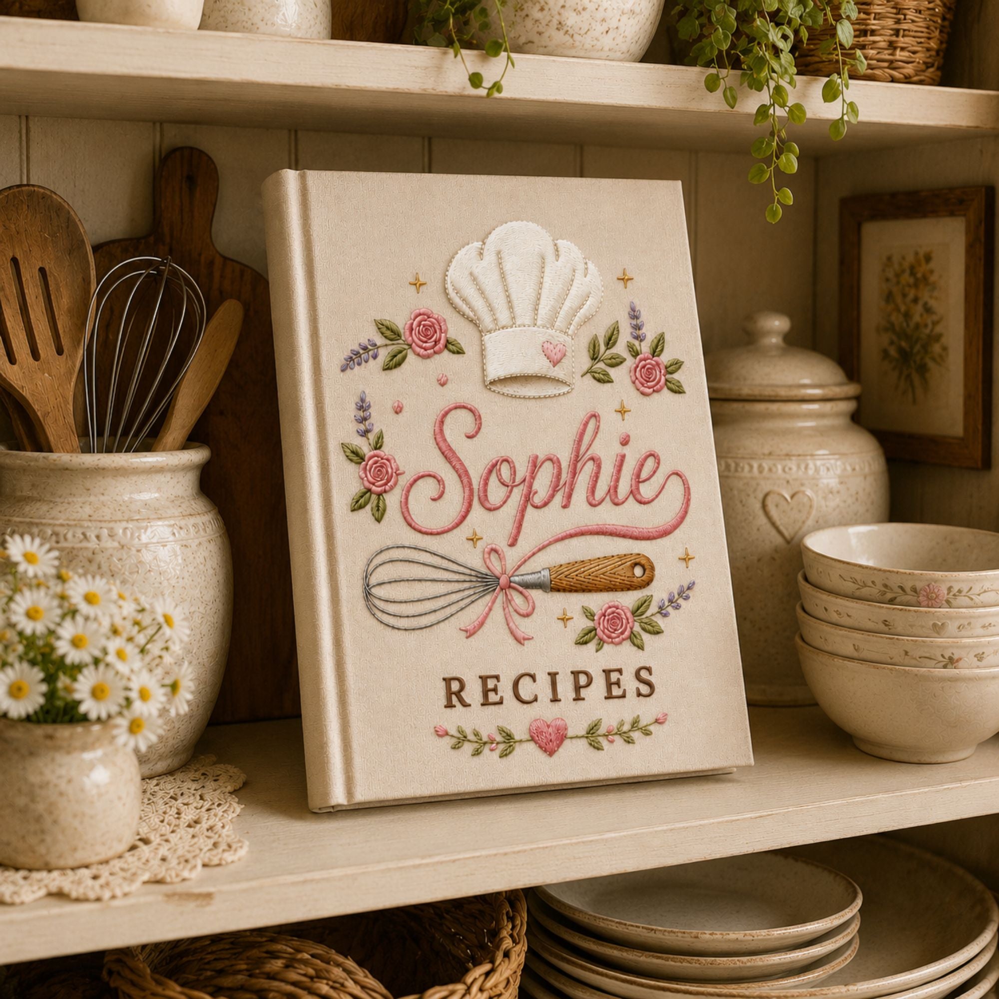 Personalized hand embroidered recipe book featuring a chef hat, whisk with ribbon, pink roses, lavender flowers and custom name embroidery on a linen cover.