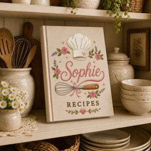 Personalized hand embroidered recipe book featuring a chef hat, whisk with ribbon, pink roses, lavender flowers and custom name embroidery on a linen cover.