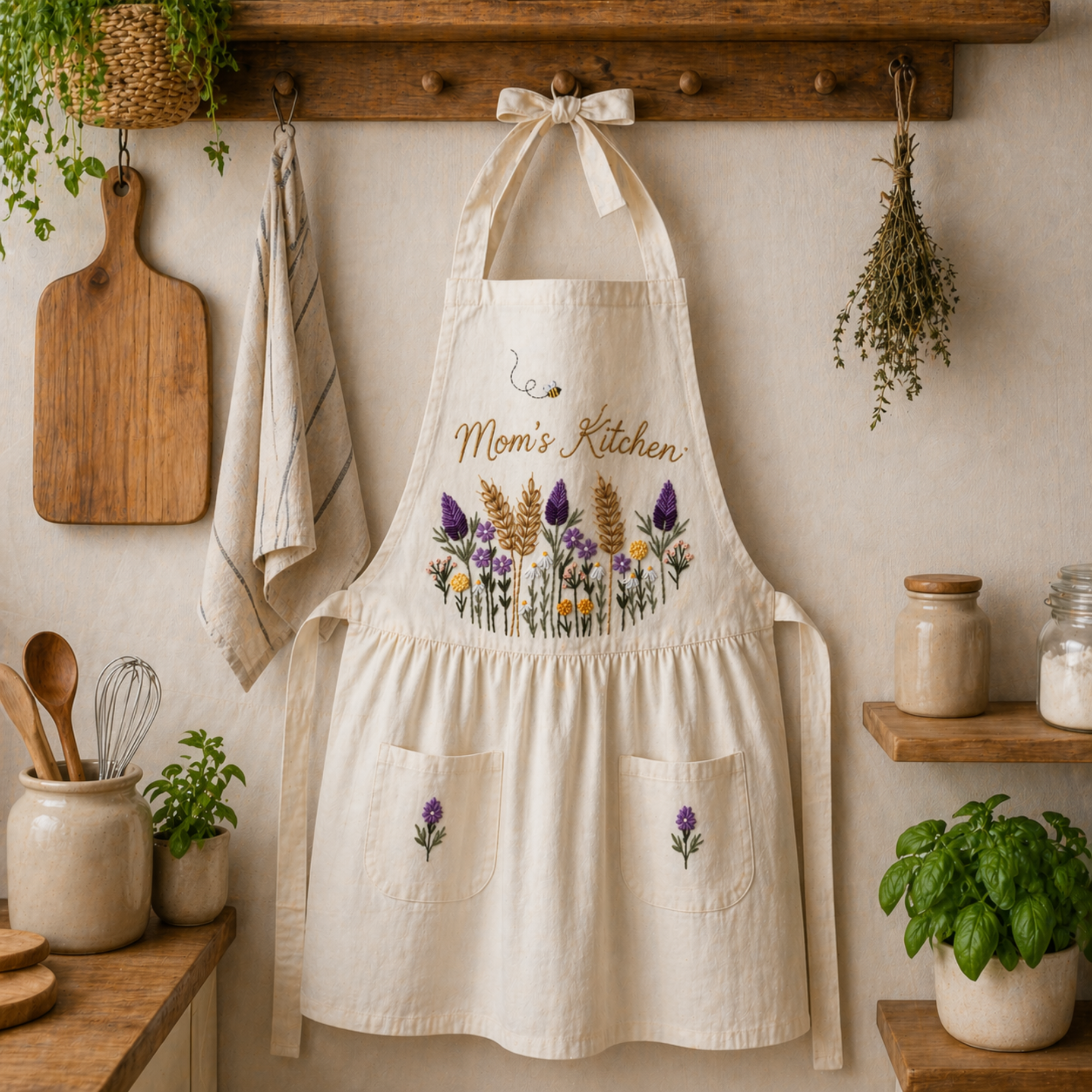 Personalized hand embroidered wildflower linen apron featuring Mom's Kitchen text, rustic floral meadow embroidery, custom kitchen apron for cooking baking gardening and gifts.