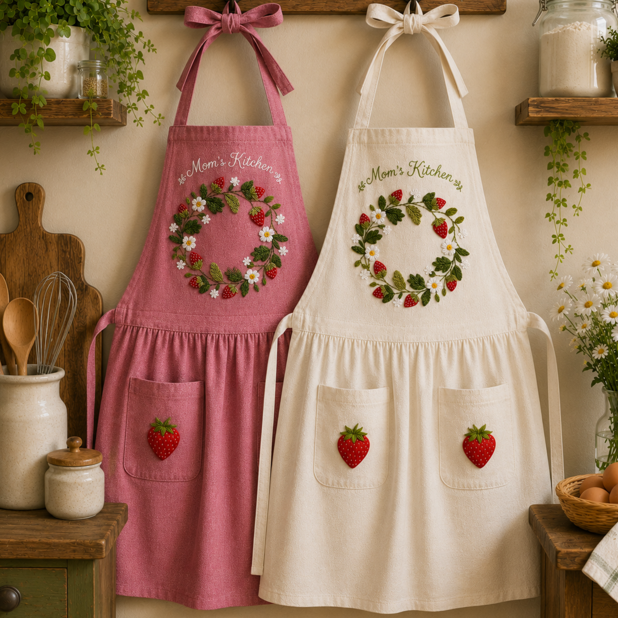 Personalized hand embroidered strawberry wreath linen apron featuring cottage garden strawberries and floral wreath embroidery, farmhouse kitchen apron for baking cooking and gardening.