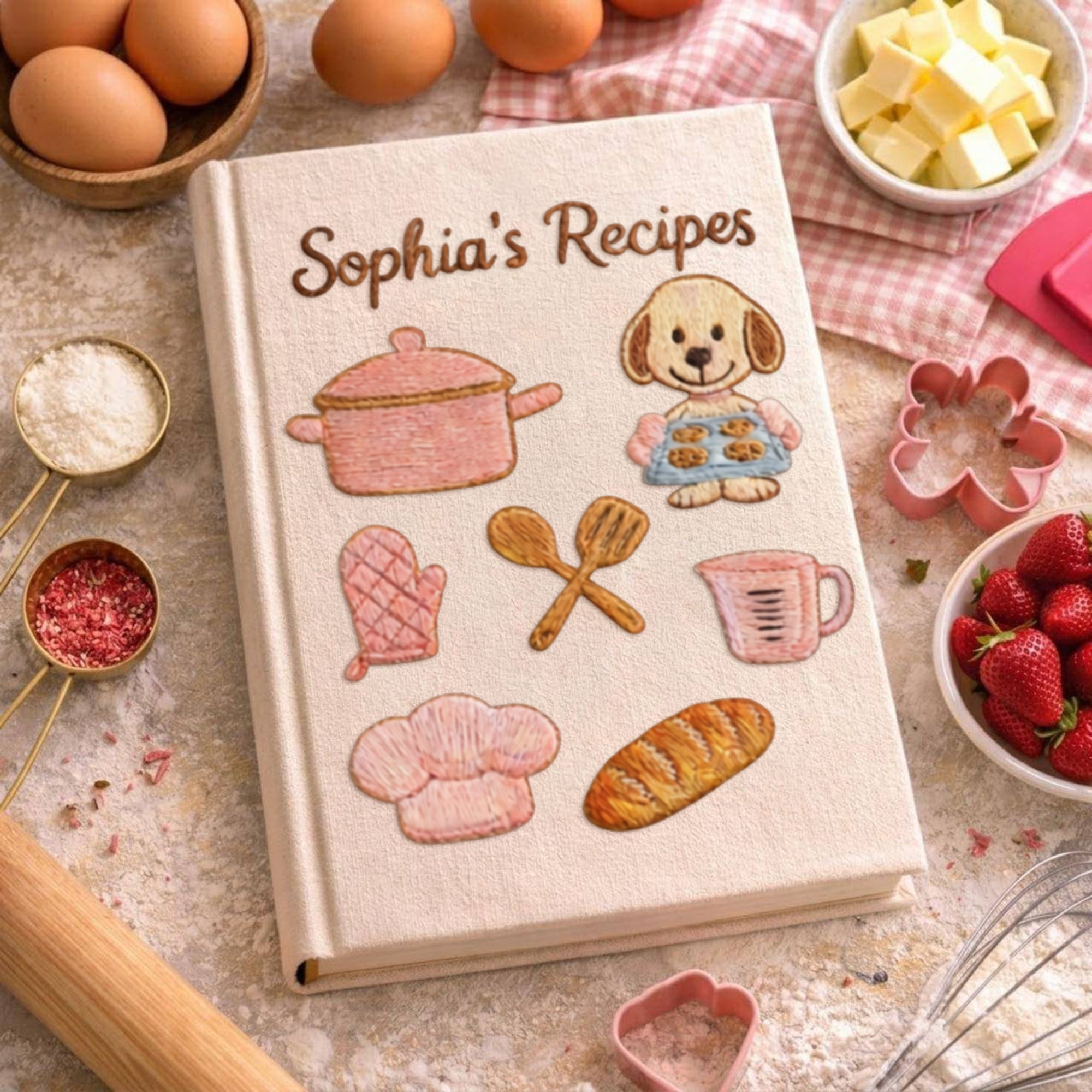 Personalized embroidered puppy baking recipe journal handmade linen cookbook 6