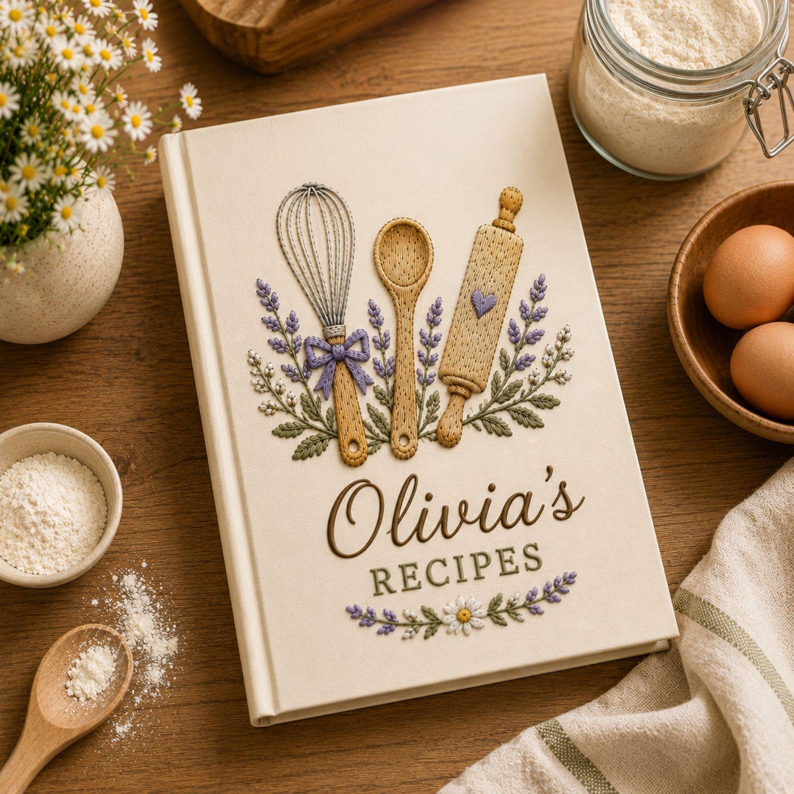 Personalized hand embroidered recipe book featuring lavender baking utensils embroidery with whisk spoon and rolling pin on linen cover