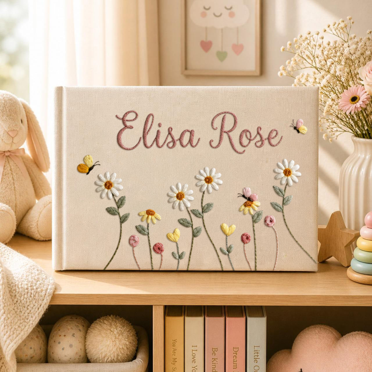 Personalized daisy butterfly hand embroidered linen notebook with custom name floral journal gift