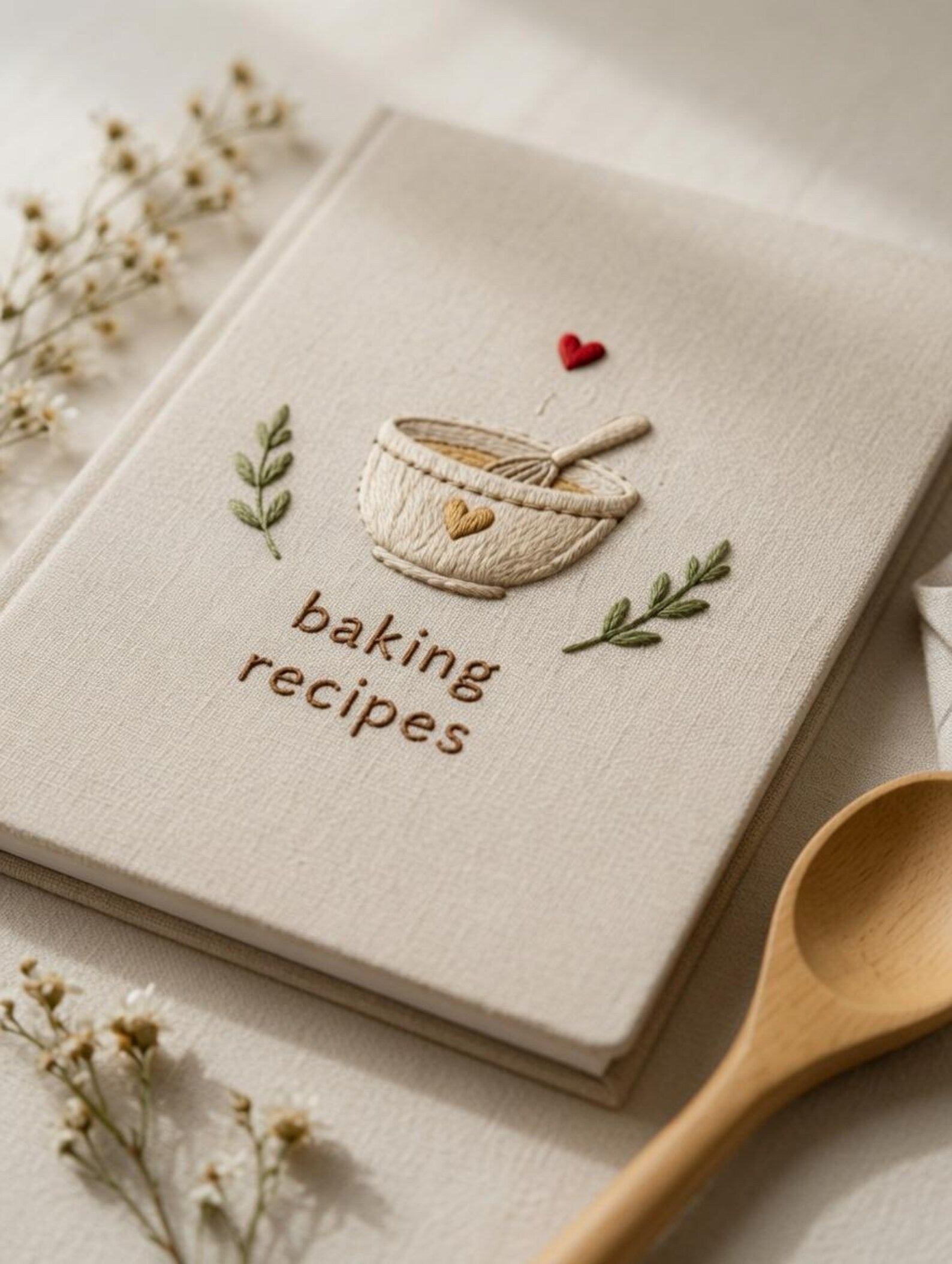 Hand embroidered recipe book featuring mixing bowl whisk heart and botanical accents on linen hardcover cover