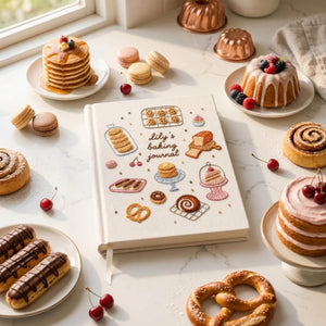 Personalized hand embroidered baking journal featuring cookies cakes donuts pastries macarons and bakery treats on linen cover