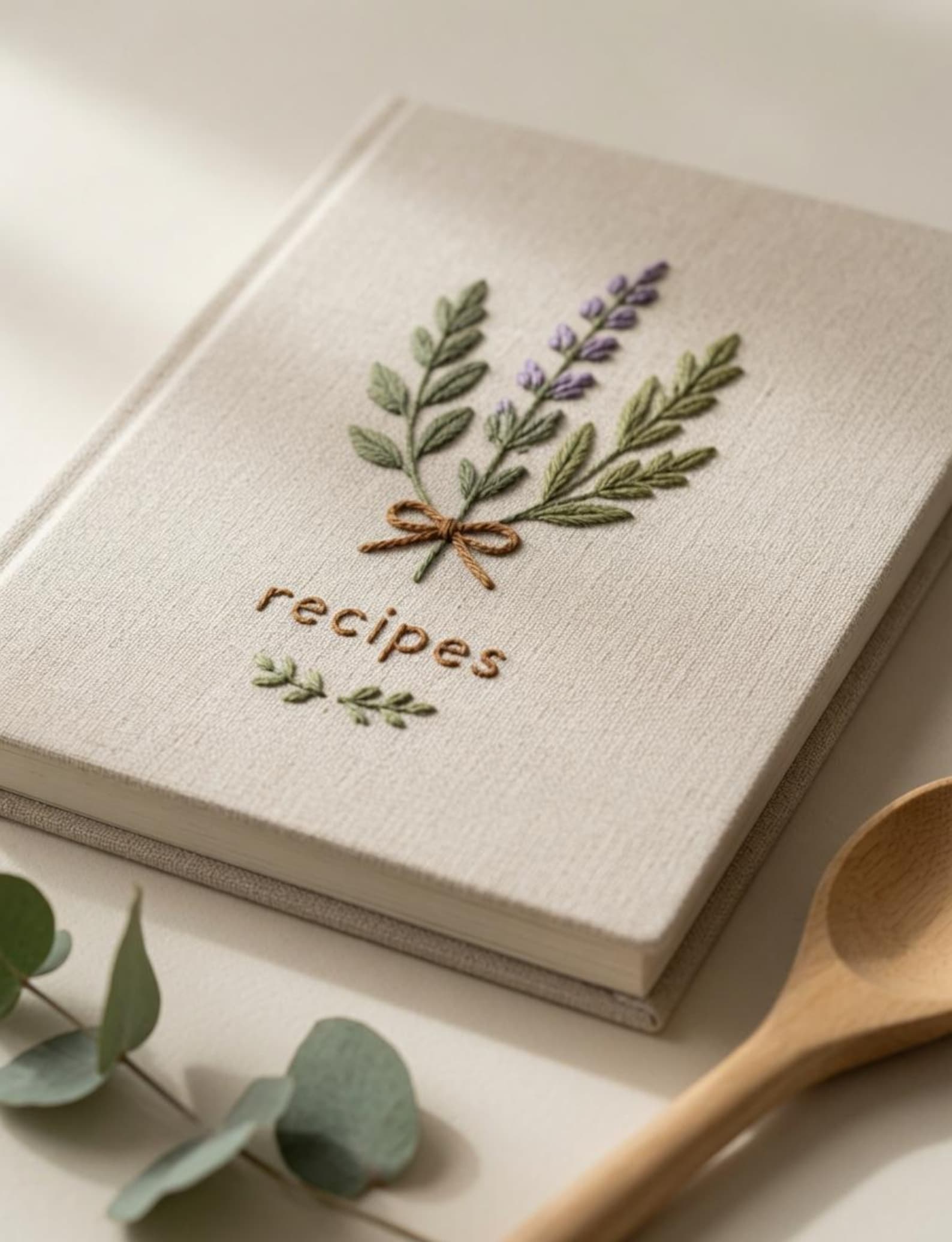 Hand embroidered recipe book featuring lavender herb bouquet embroidery tied with ribbon on linen hardcover cover