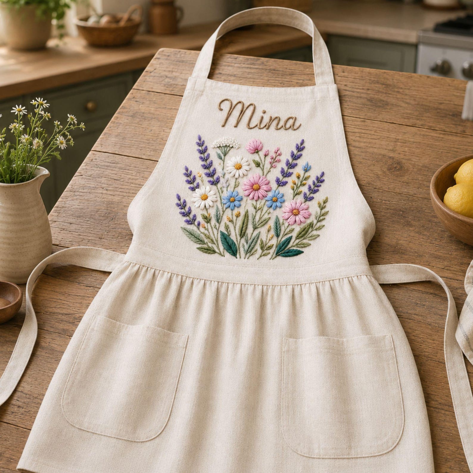 Personalized hand embroidered linen apron featuring wildflower bouquet embroidery, lavender flowers, daisies, and custom name embroidery.