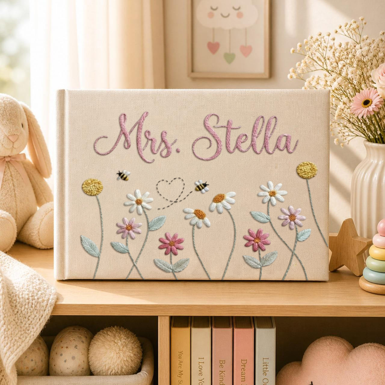 Personalized daisy bee hand embroidered linen notebook with floral meadow and custom name