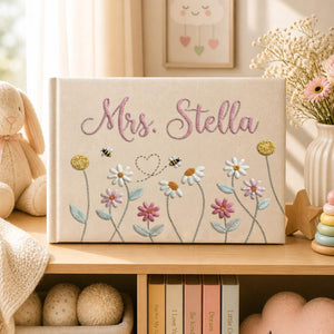 Personalized daisy bee hand embroidered linen notebook with floral meadow and custom name