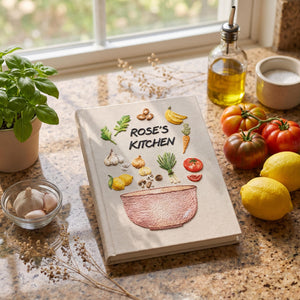 Personalized hand embroidered recipe book featuring fresh vegetables herbs garlic mushrooms lemons tomatoes and a rustic mixing bowl design on a linen cover.