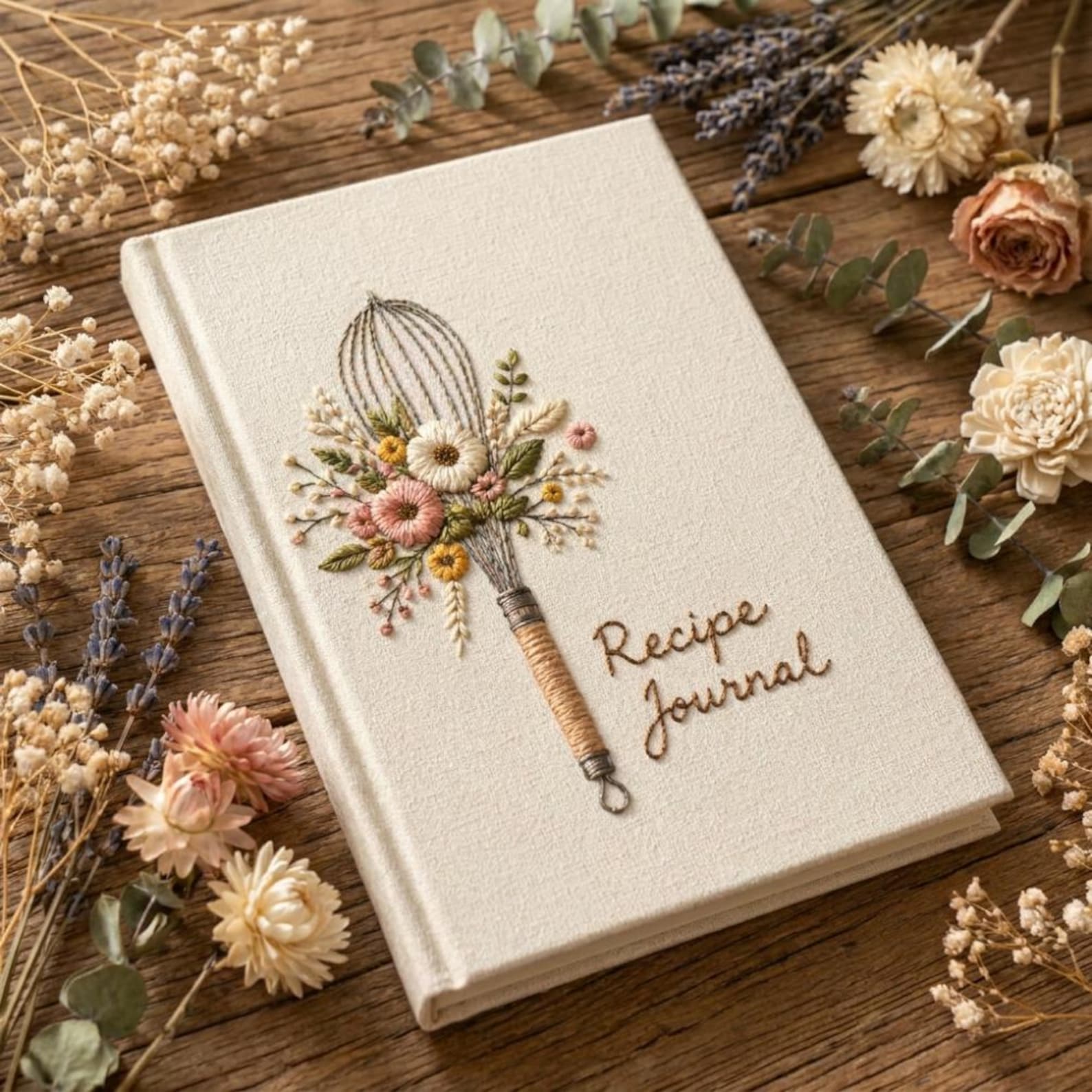 Hand embroidered recipe book featuring a vintage whisk decorated with wildflowers, wheat stems and botanical cottagecore details on a linen hardcover notebook.