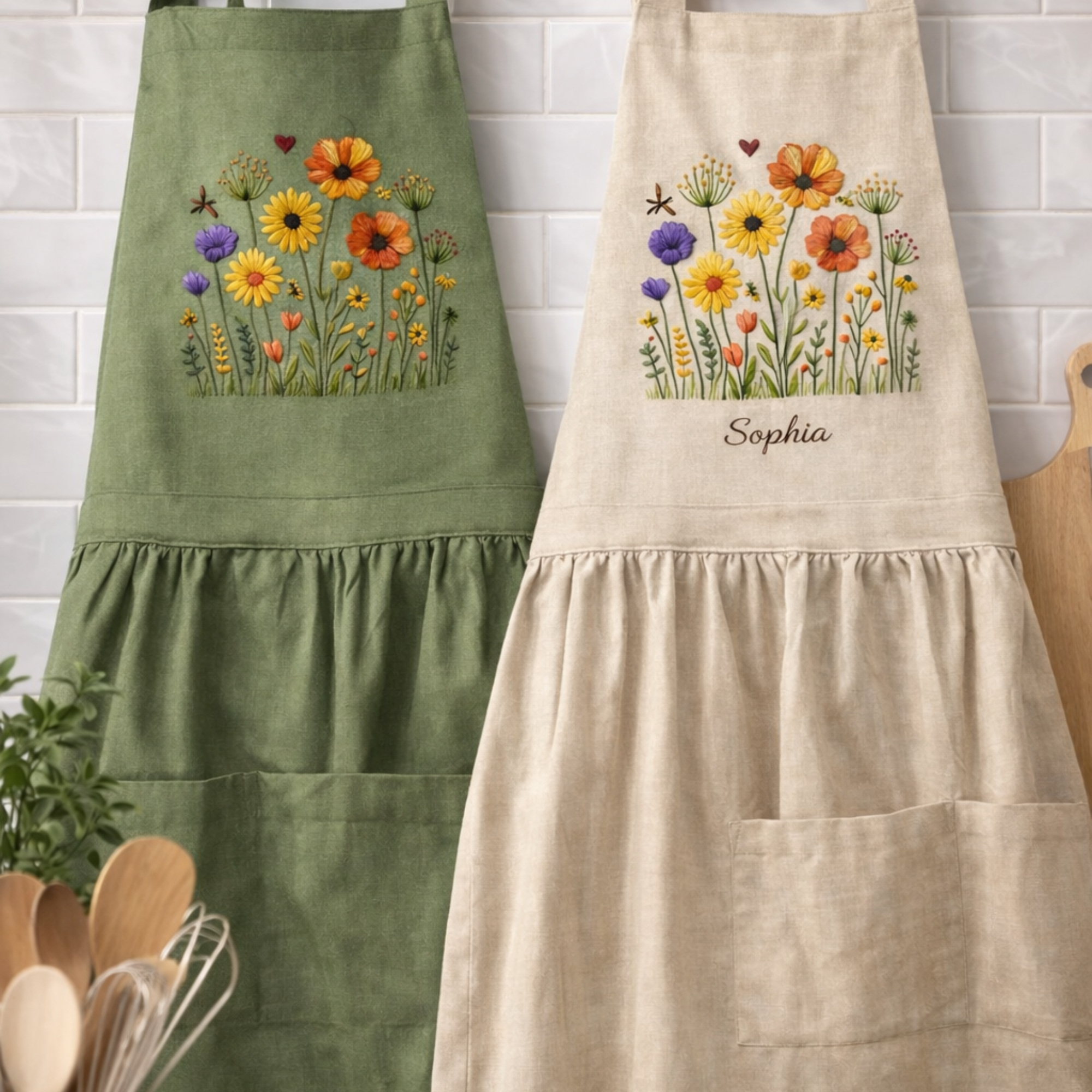 Personalized hand embroidered linen apron featuring colorful wildflowers, meadow flowers, botanical embroidery, and custom name embroidery on green linen fabric.