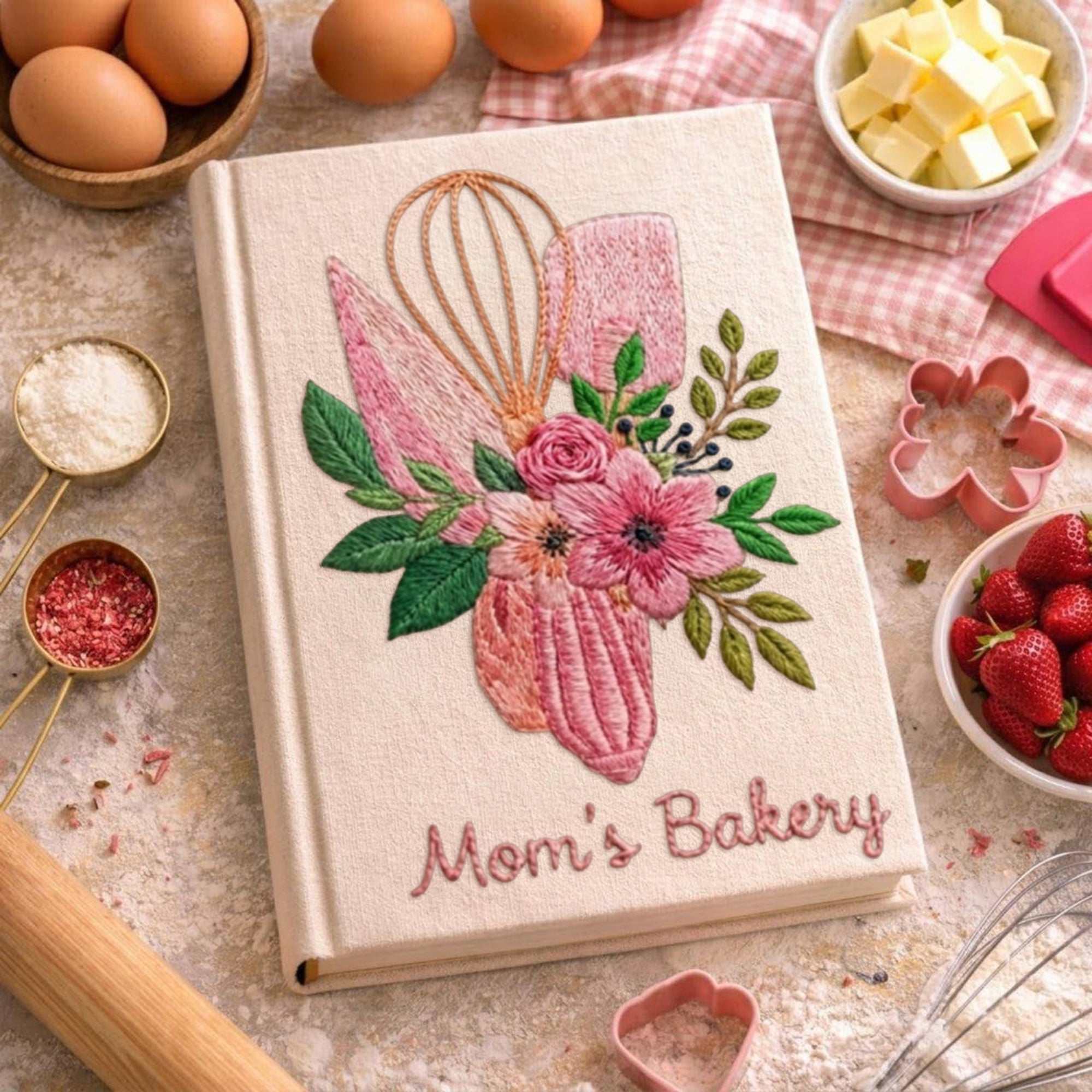 Personalized embroidered floral bakery recipe book handmade linen cookbook 5