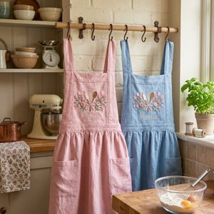 Personalized hand embroidered linen baker apron featuring floral baking utensils embroidery and custom name personalization on a natural beige apron.