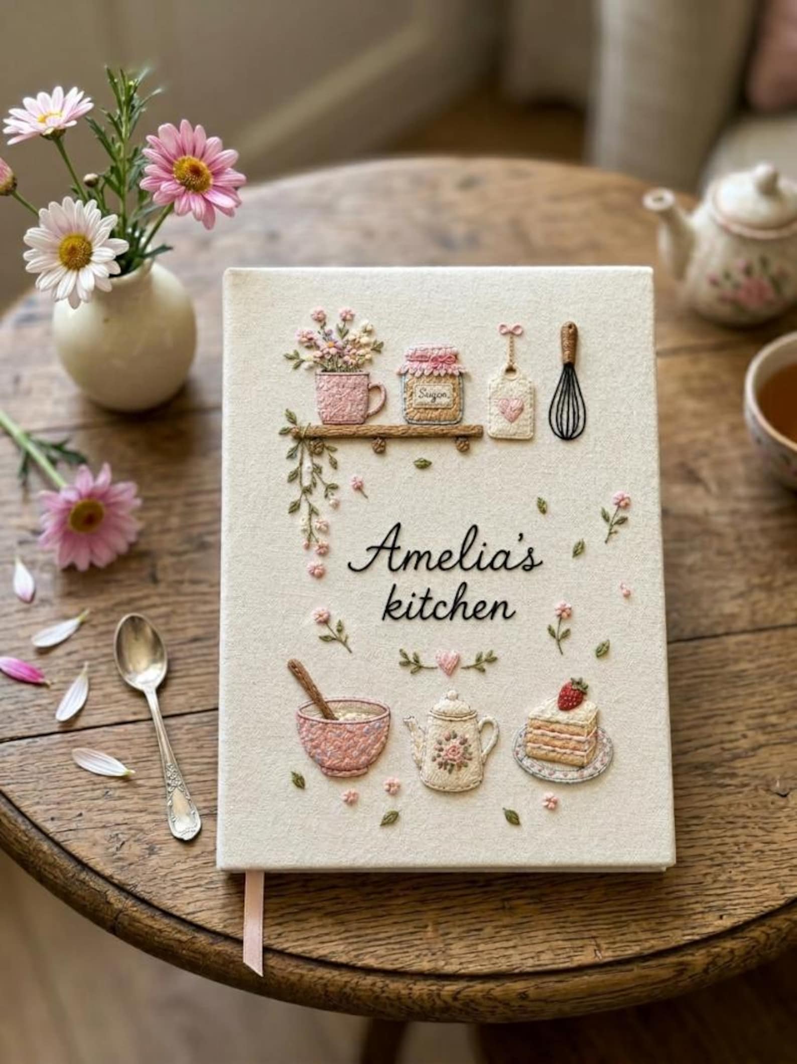 Personalized hand embroidered recipe book featuring floral teapot whisk sugar jar mixing bowl strawberry cake and cottage tea party motifs