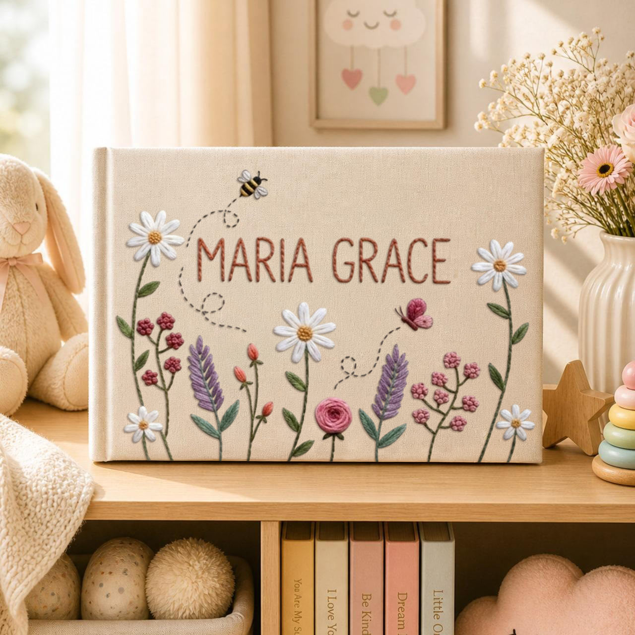 Personalized wildflower bee hand embroidered linen notebook with custom name floral garden journal gift