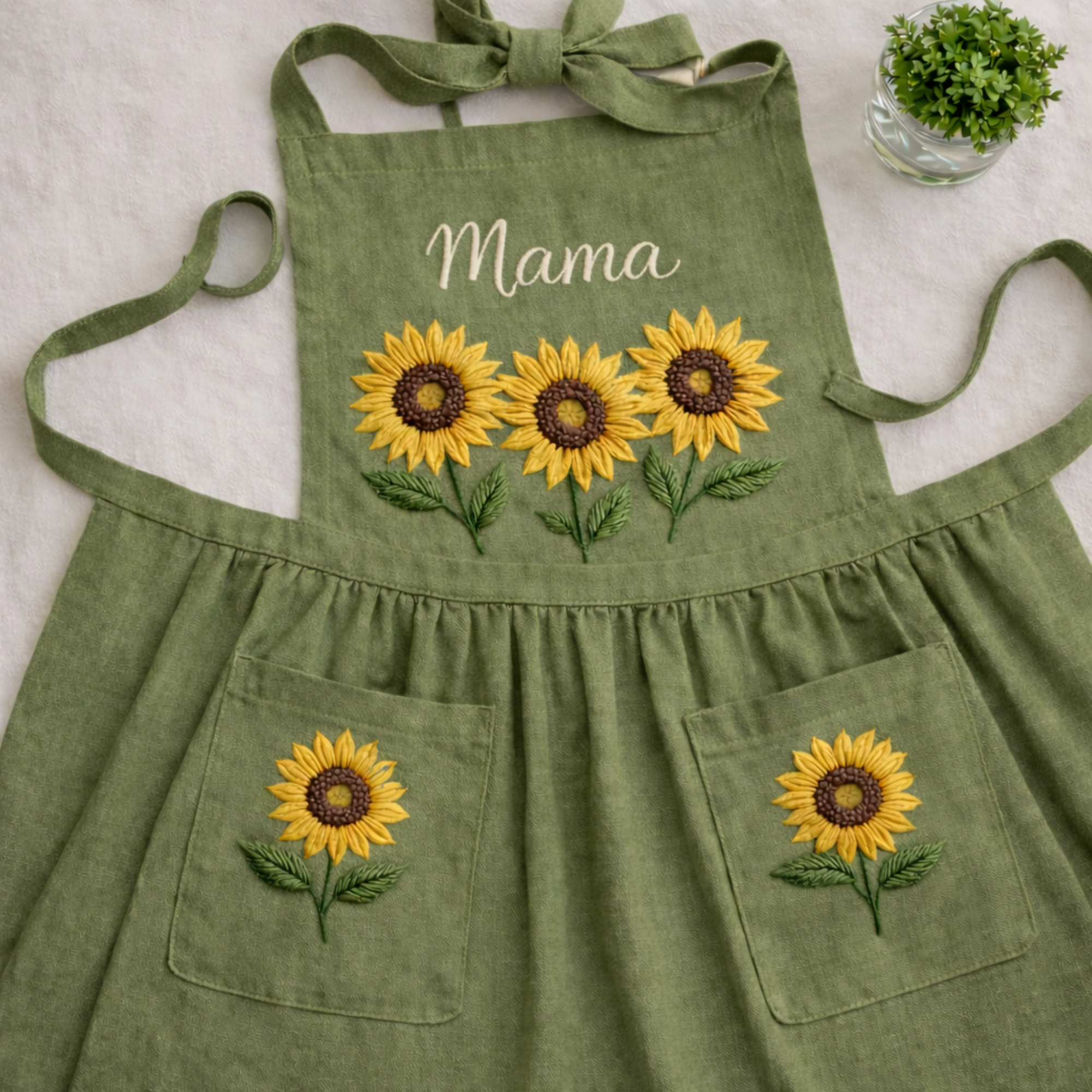 Personalized hand embroidered linen apron featuring three sunflower blooms, botanical foliage, floral pocket embroidery, and custom name personalization.