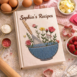 Personalized embroidered floral recipe journal handmade linen cookbook with blue mixing bowl 4