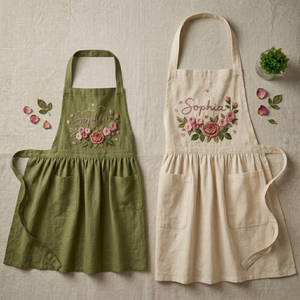 Personalized hand embroidered linen apron featuring pink rose floral embroidery and custom name personalization on a sage green apron.