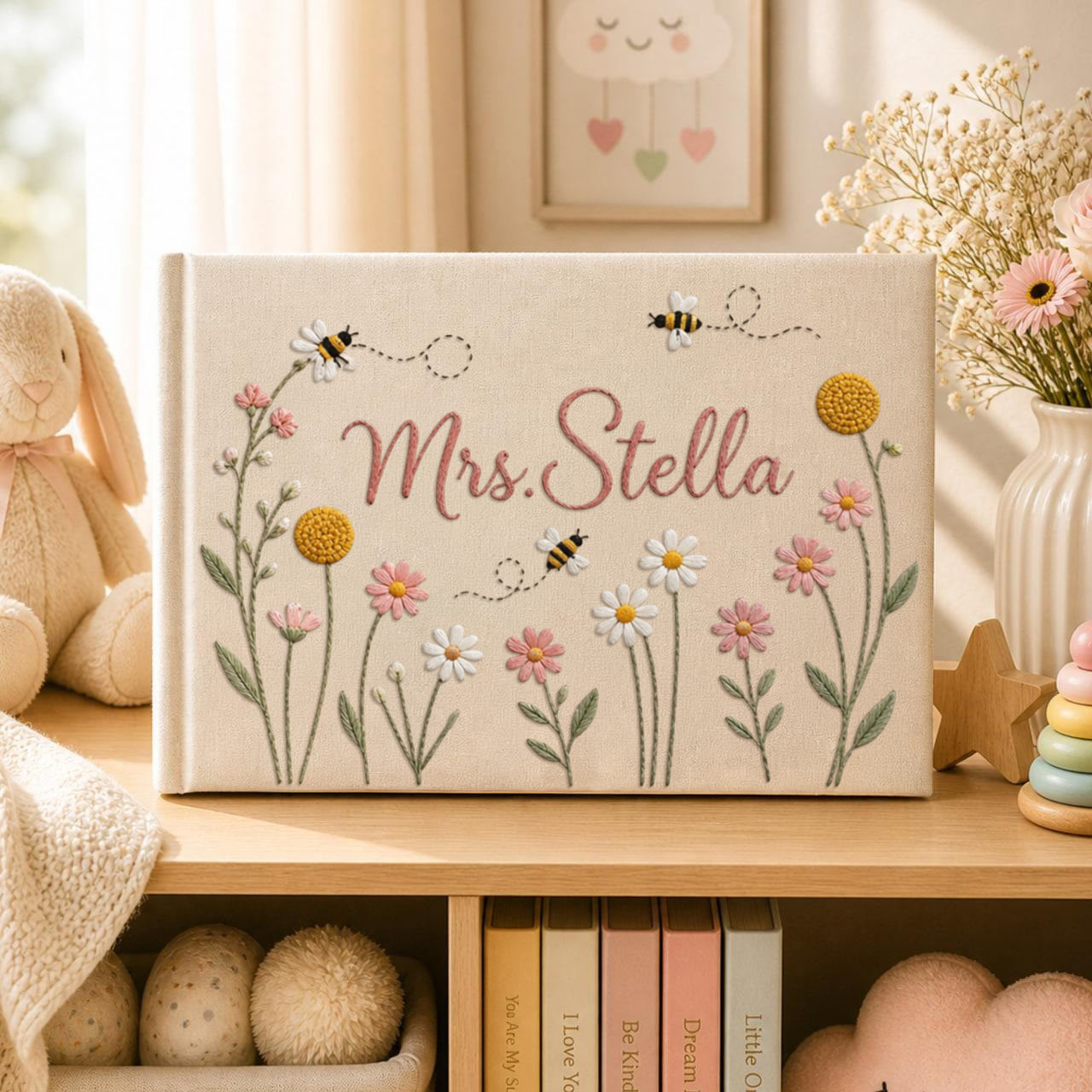 Personalized daisy bee garden hand embroidered linen notebook with floral embroidery and custom name