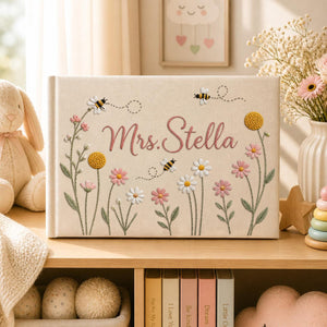 Personalized daisy bee garden hand embroidered linen notebook with floral embroidery and custom name