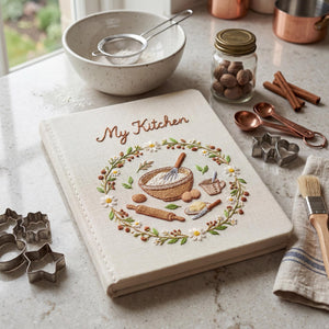 Personalized hand embroidered recipe book featuring rustic baking tools, daisy wreath, mixing bowl, rolling pin, butter dish and farmhouse kitchen design.