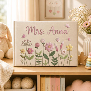 Personalized wildflower garden hand embroidered linen notebook with butterflies and custom name