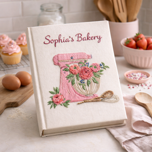 Personalized hand embroidered recipe book featuring a vintage red stand mixer decorated with blooming roses and floral accents on a linen cover.