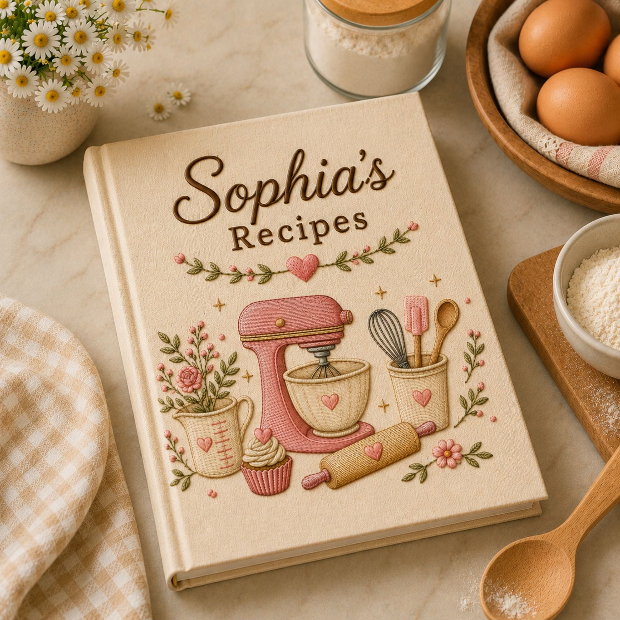 Personalized hand embroidered recipe book featuring a pink stand mixer, whisk, spatula, rolling pin, cupcake, measuring cup and floral baking motifs on a linen cover.